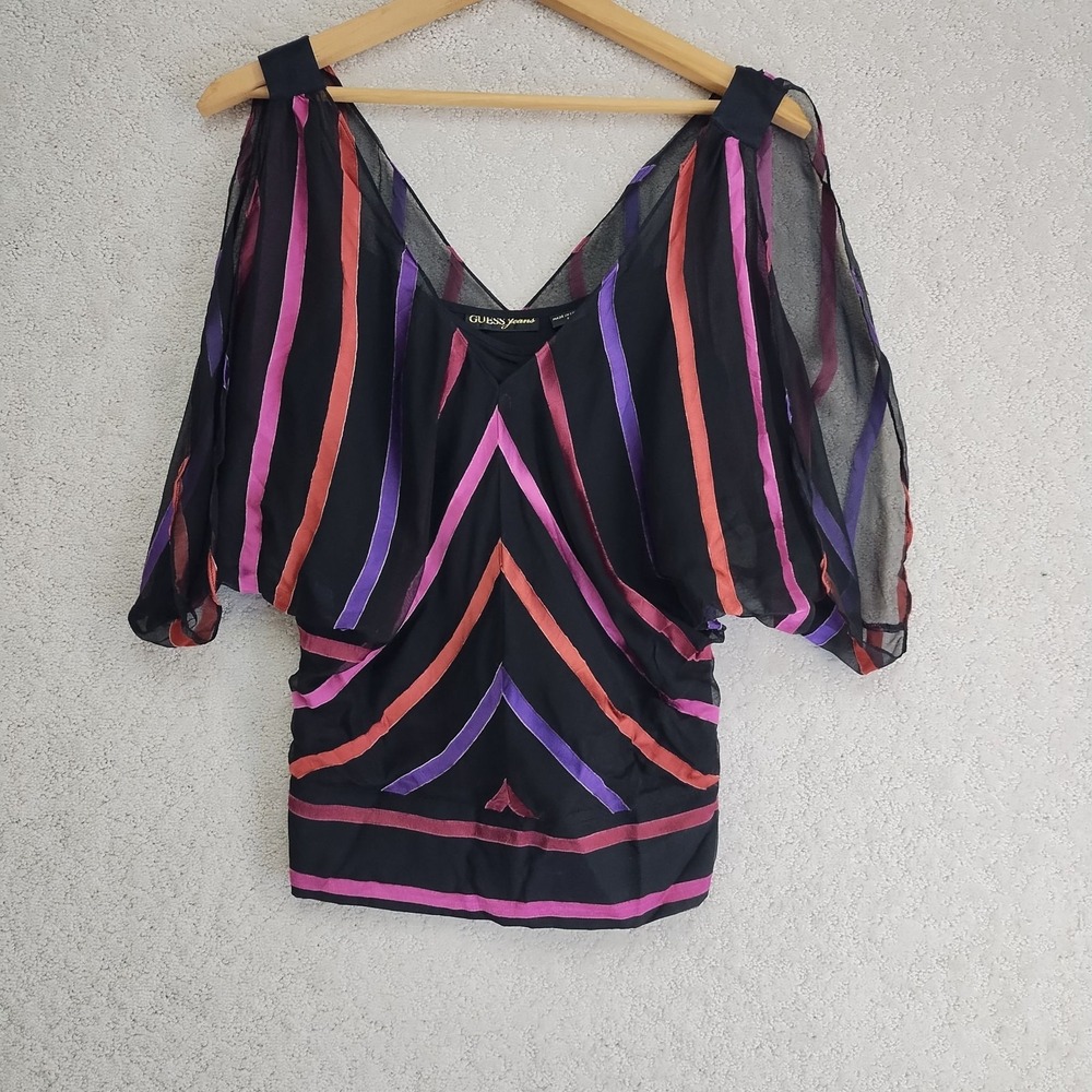 Guess Jeans Blouse Womens S Sheer Striped Chevron Dolman Sleeve V-Neck Black
